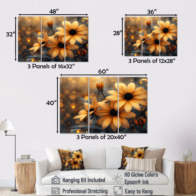 Ensemble de salon mural fleurs jaunes monochromes en champ brumeux I - marguerites, Toile tendue, H 28 po x l 36 po x P 1 po