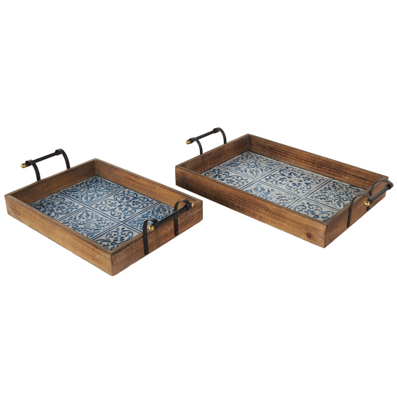 Ensemble de 2 plateaux décoratifs floraux en bois brun avec motifs de tuiles de 23 po x 19 po