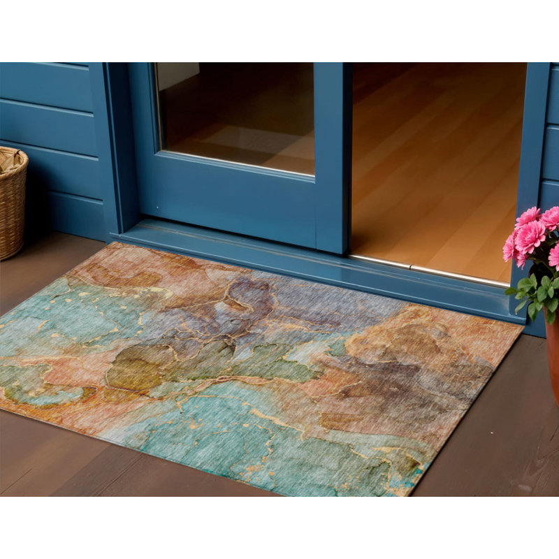 Tapis d'extérieur lavable abstrait bleu sarcelle 3 pi x 5 pi
