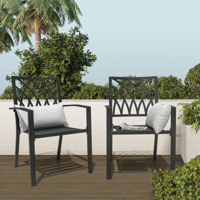 Rainen Outdoor Patio Chair of 2 Dining Chairs, Powder-coated Iron Frame and Lattice Pattern for Patio, Black by Ebern Designs