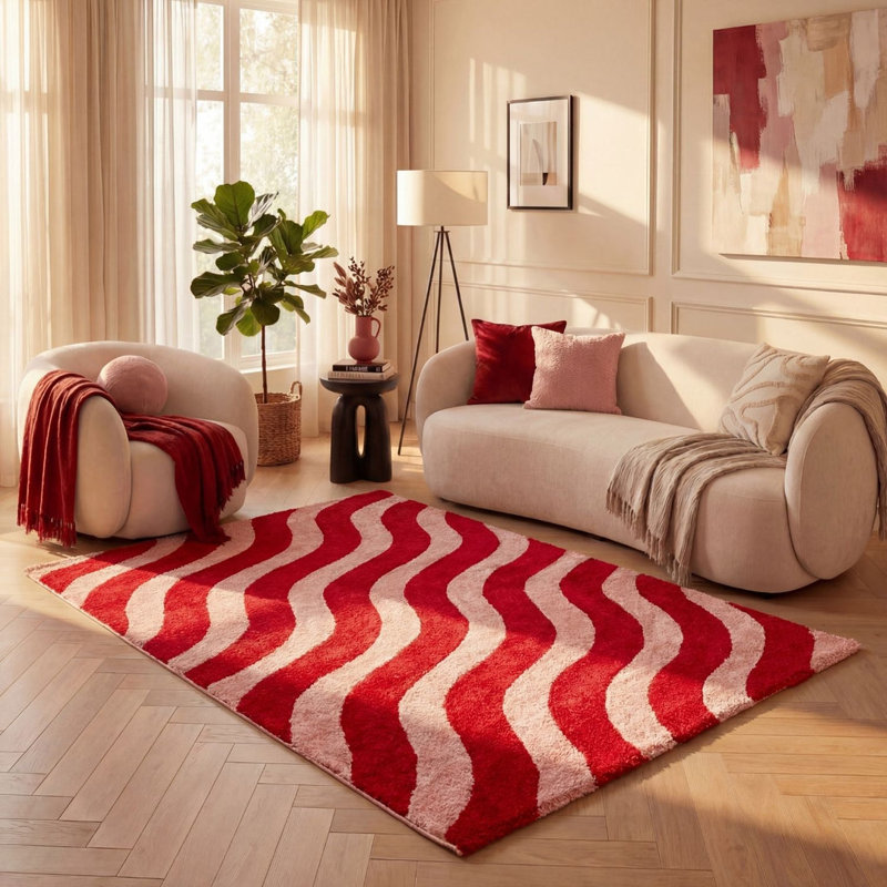 Joli Wavy Area Rug Soft Dense Pile for Living Rooms and Bedrooms, Rectangle 200 x 290 cm, Red/Pink