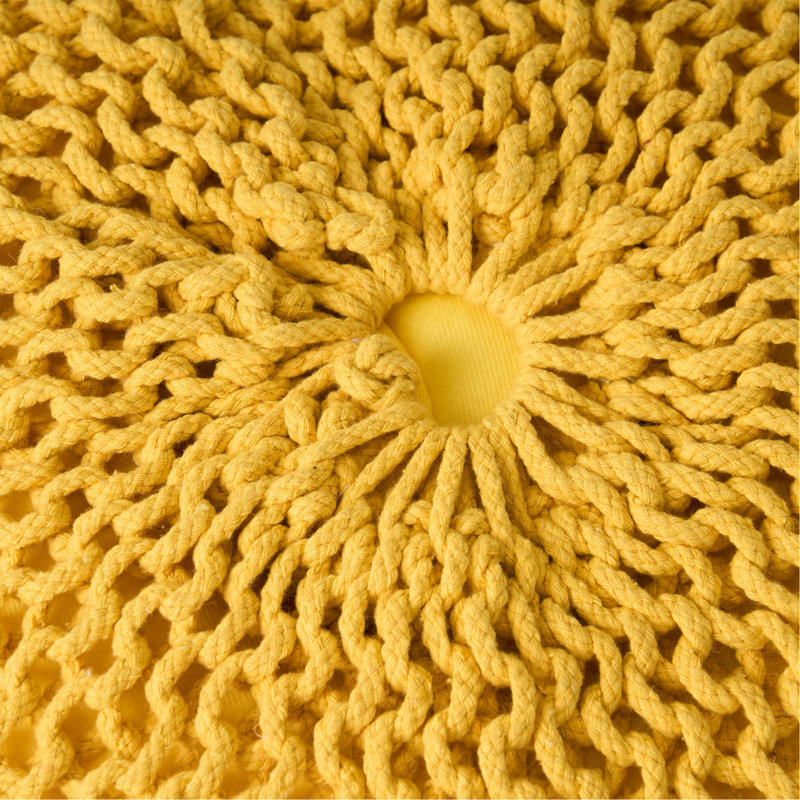 Knitted Cotton Round Pouf, Yellow Cotton