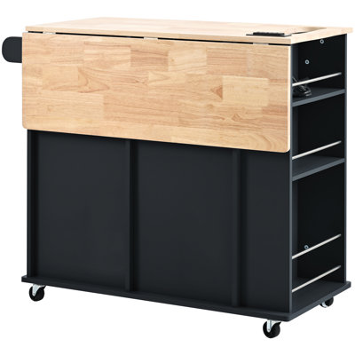 Îlot de cuisine avec abattant et entrée d'alimentation. Noir Support à vin, compartiment latéral. Pratique pour une utilisation quotidienne avec branchement électrique et abattant. Tablette, compartiment, design élégant