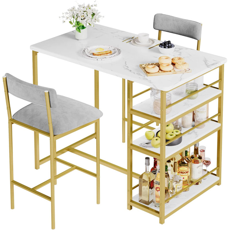 Dining Bar Table Set With 3 Storage Shelves, Pub Bar Counter Table With 2 Footrest Chairs, White/Gold