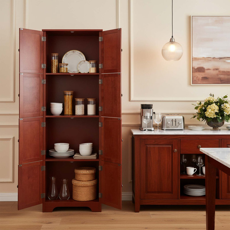 Armoire haute de style campagnard moderne, quatre compartiments de rangement indépendants avec tablettes, idéales pour les salons, les salles à manger et les bureaux