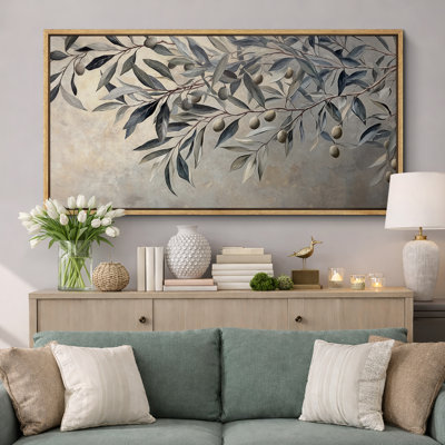 Olive Branch Botanical Large Framed Canvas Print Wall Art - Elegant Neutral Nature Decor
