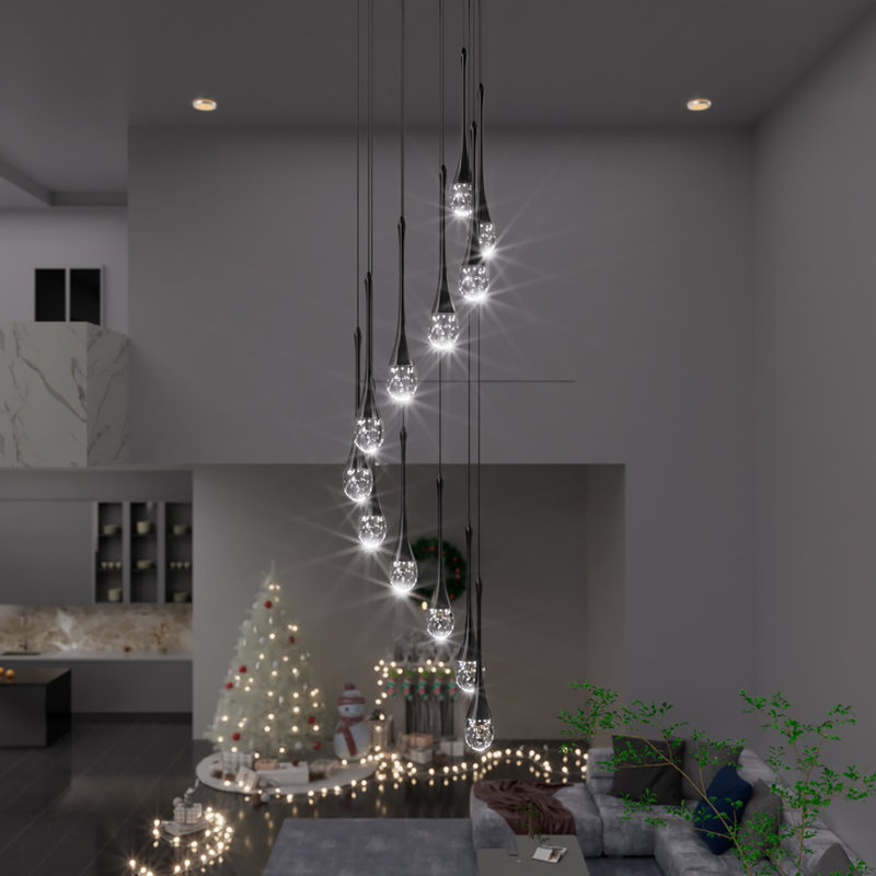 12-Light Black Crystal Raindrop Chandeliers 120" Long Pendant Light 3000-6000K Dimmable Lighting