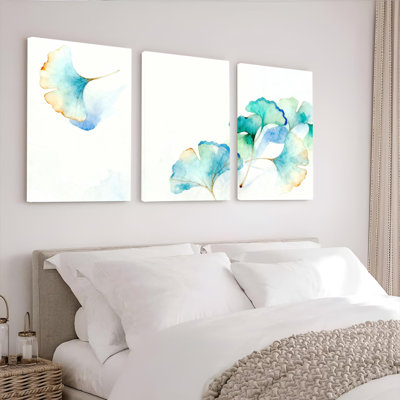 Aquarelle, feuilles de ginkgo, reproduction d'art sur toile tendue sur toile, ensemble de 3, pour salon, chambre à coucher, décoration intérieure