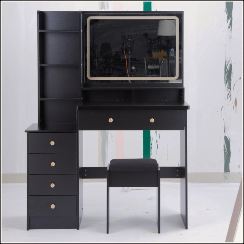 41" Large Size Left Bedside Cabinet Vanity Table+Cushioned Stool, Extra Large Touch Control LED Mirror, 3-Color Switch, Multi Layer High Capacity Storage Fashionable Dresser, Suitable For Large Space