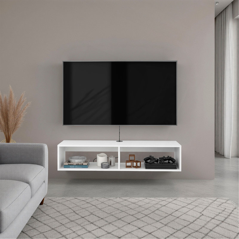 Meuble télé arctique blanc avec tablettes ouvertes pour rangement, design moderne, blanc
