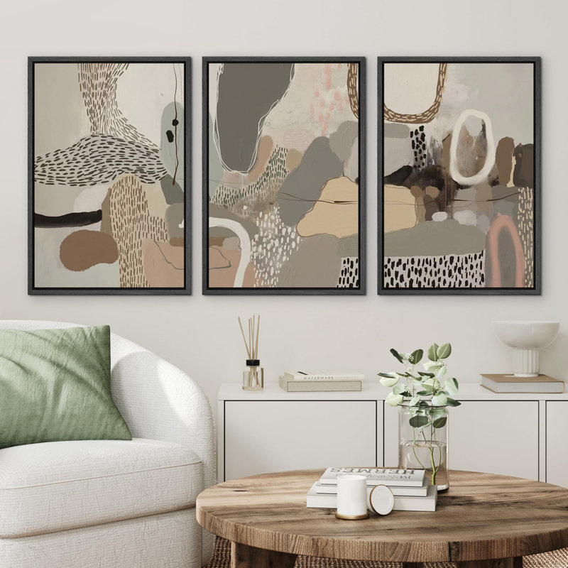 Forme Mid-Century «Abstract Elegance Beige», 3 pièces sur toile, Cadre flottant noir, H 36 po x l 72 po