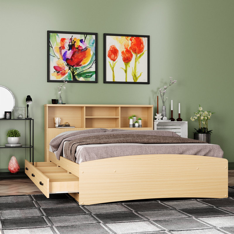 Monira Bed Frame With Storage & Headboard New Design, Beech, Full