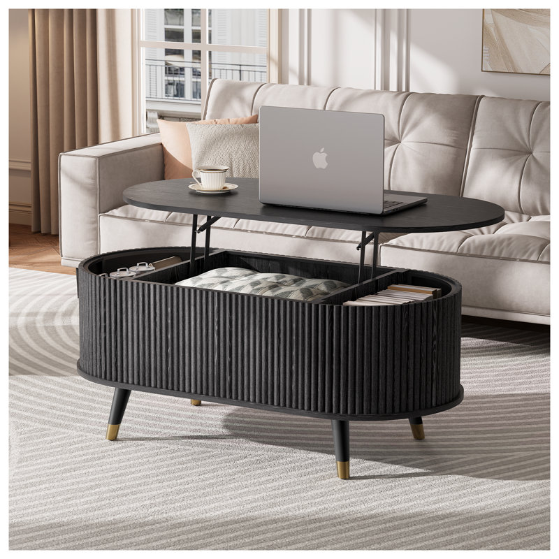 42.5" Oval Lift Top Coffee Table With Storage, Mid Century Modern Black Center Table With Fluted Panel, Solid Wood Legs & Hidden Compartment For Living Room