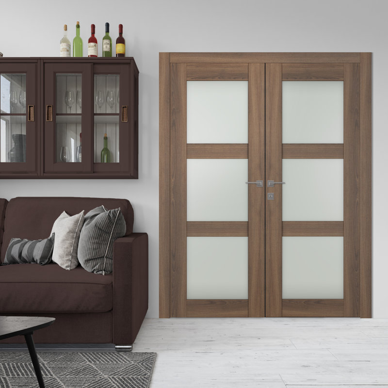 Porte standard à panneaux en bois manufacturé Avon 3 Lite, 59,5 po x 83,23 po, Pecan Nutwood, Droite