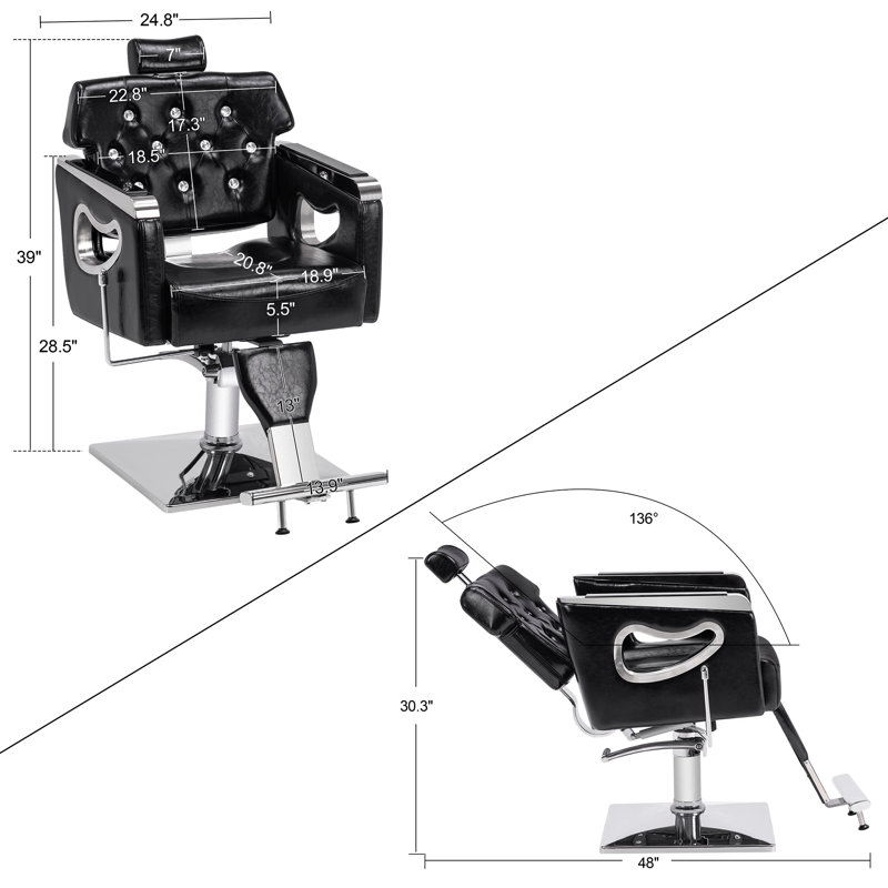 Fauteuil de coiffeur inclinable à pompe hydraulique, fauteuil de salon en similicuir, Similicuir noir