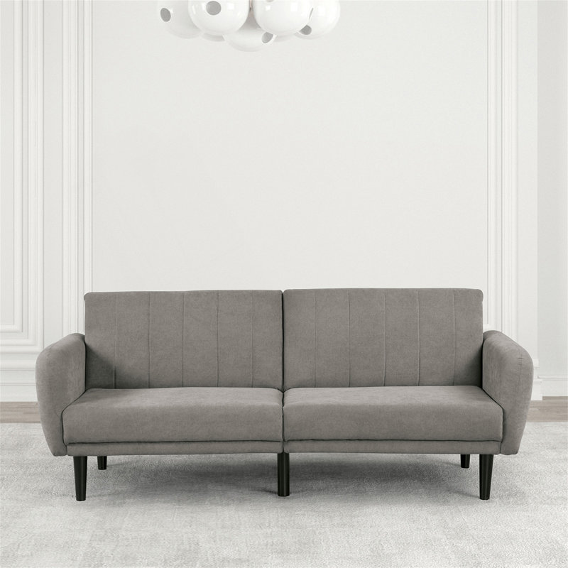 Futon canapé-lit avec dossier cannelé, accoudoirs souples et ports de charge USB intégrés pour un confort moderne, Gris