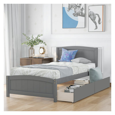 Lit plateforme simple en bois massif avec 2 tiroirs de rangement - gris, aucun sommier requis, mobilier de chambre moderne