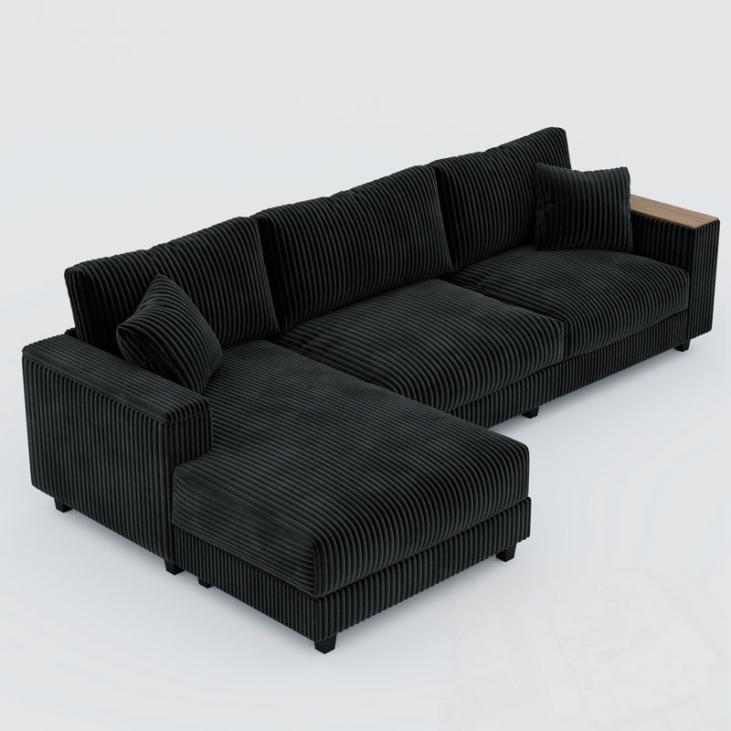 Corduroy L Shaped Xanthe Sofa with chaise and armrest storage, Black