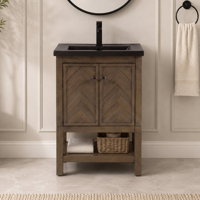 Chazden 24" Herringbone Design Single Bathroom Vanity with Ceramic Top, Brun cacao, Noir mat, Noir