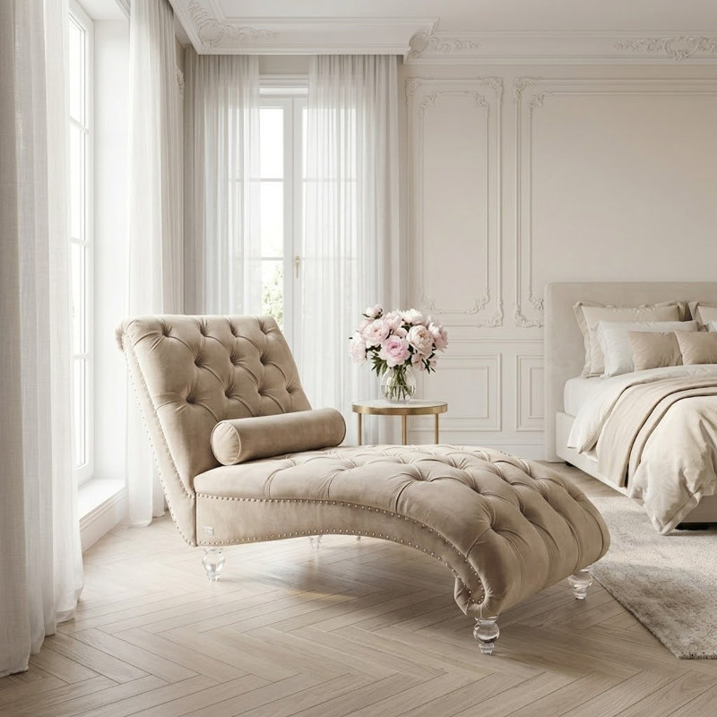 Chaise longue rembourrée en velours Jakolbi Elegant, Velours beige