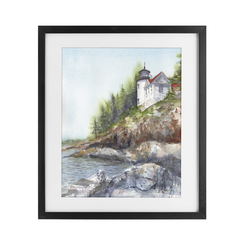 Reproduction sous verre encadrée du phare de Bass Harbor, conception de Patti Bishop, H 16 po x l 13 po