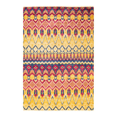 Tapis unique jaune / rose / bleu noué à la main 6 pi x 9 pi 4 po Verle