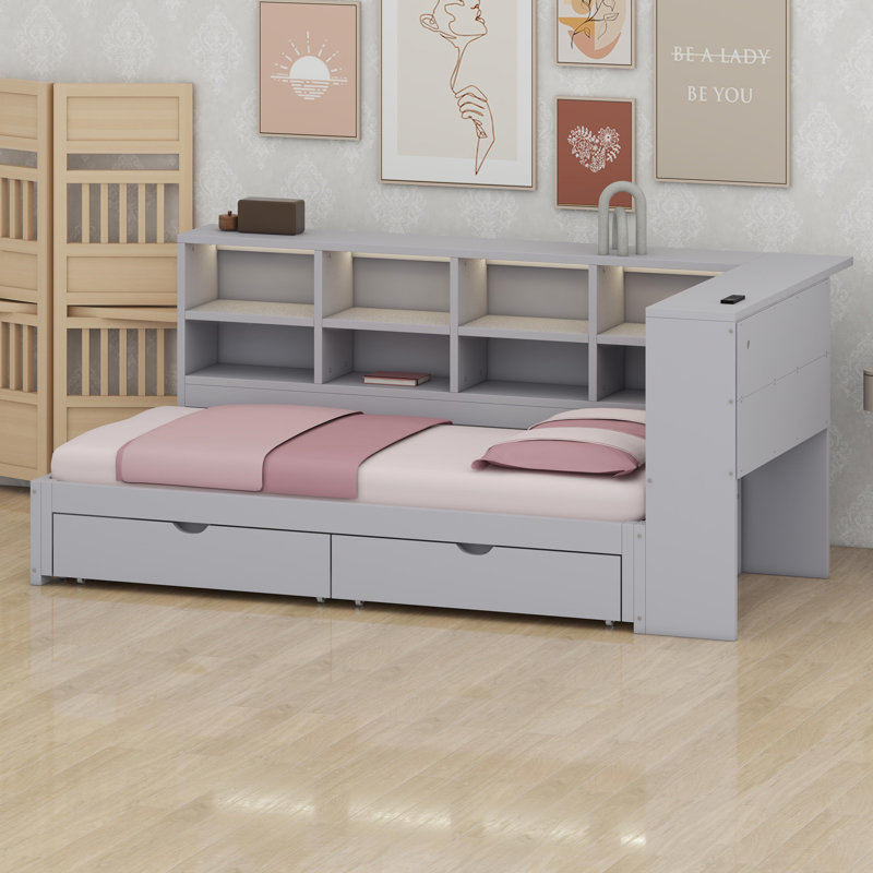 Lit de jour avec tiroirs de rangement, éclairage DEL et ports de chargement USB, Gris