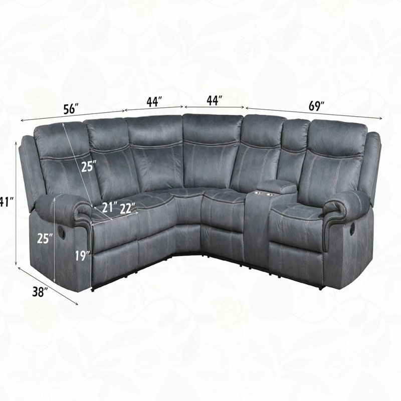 Canapé modulaire inclinable manuel à deux tons Dollum avec console USB et porte-gobelet Dollum, Gris