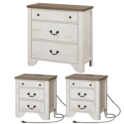 Haikey 3PCS Farmhouse Dresser Set, Wood Nightstand Set Of 2 With Charging Station And 3-Drawer Dresser For Bedroom, Living Room, Hallway,Dining Room by Lark Manor