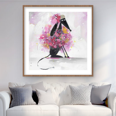 Cartoon Dog with Pink Flowers | Framed Matted Print Decor