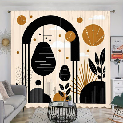 2Pcs Abstract Geometric Art Decor Curtains, Minimalist Botanical Pattern, Rod Pocket Sun Blocking, Modern Simple Style, All-Season For Living Room Bedroom Study Window