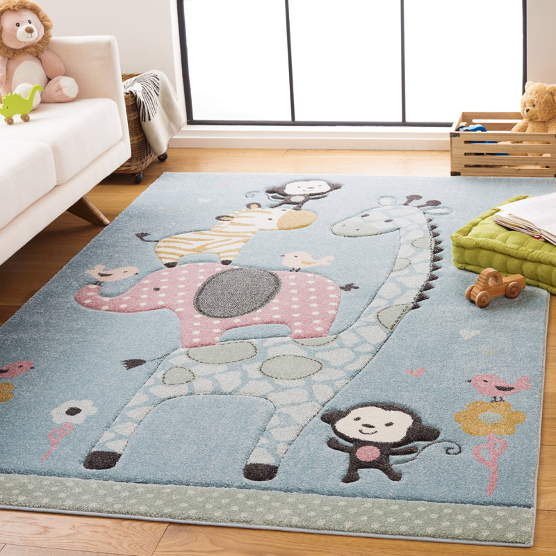 Tapis bleu en polypropylène tissé à la machine Featherste, Rectangle 5 pi 3 po x 7 pi 6 po