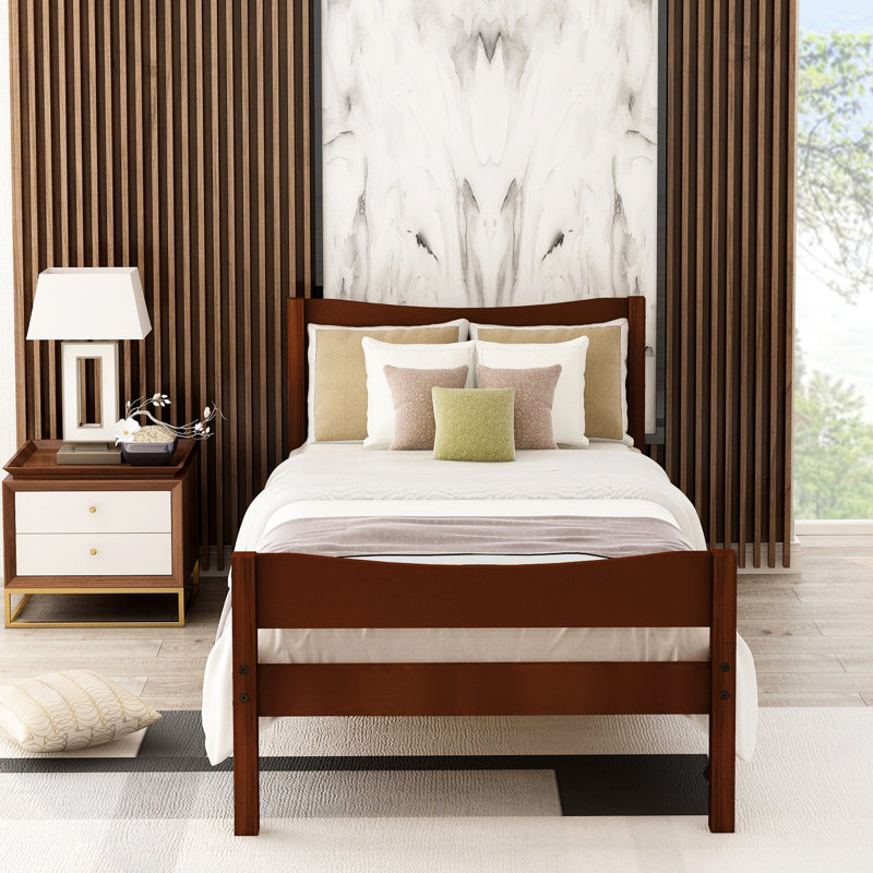 Lit simple en noyer avec tête de lit et tête de lit à plateforme en bois massif