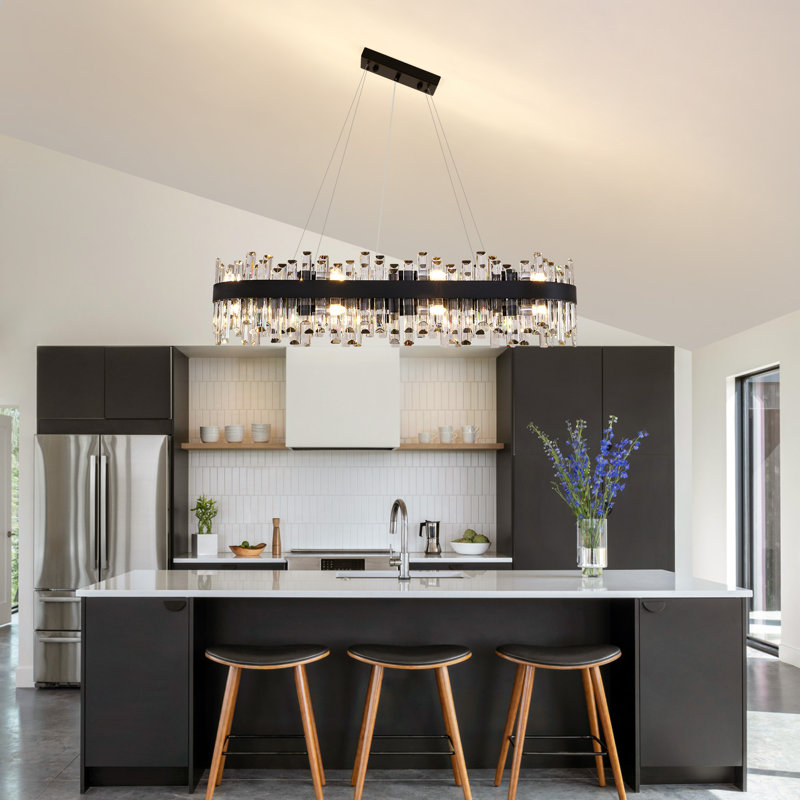 Lustre rectangulaire noir mat à 16 lumières avec détails en cristal Kacy pour îlot de cuisine Kacy, Noir