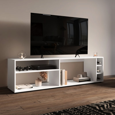 Meuble télé 63 po avec 3 tablettes ouvertes, support pour bouteille de détente, blanc, divertissement