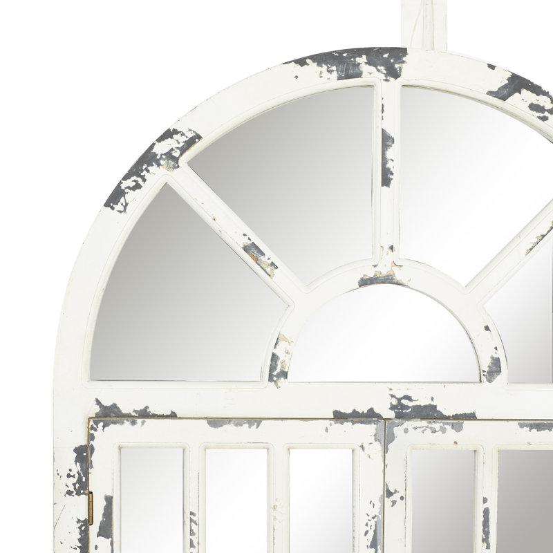Mao Wood Window Pane Inspired 2 Door White Wall Mirror with Arched Top and Distressing