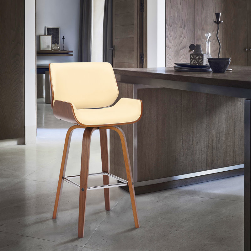 Journeigh Mid-century Modern Swivel Counter or Bar Height Armless Bar Stool in Faux Leather and Wood, Creme Faux Leather