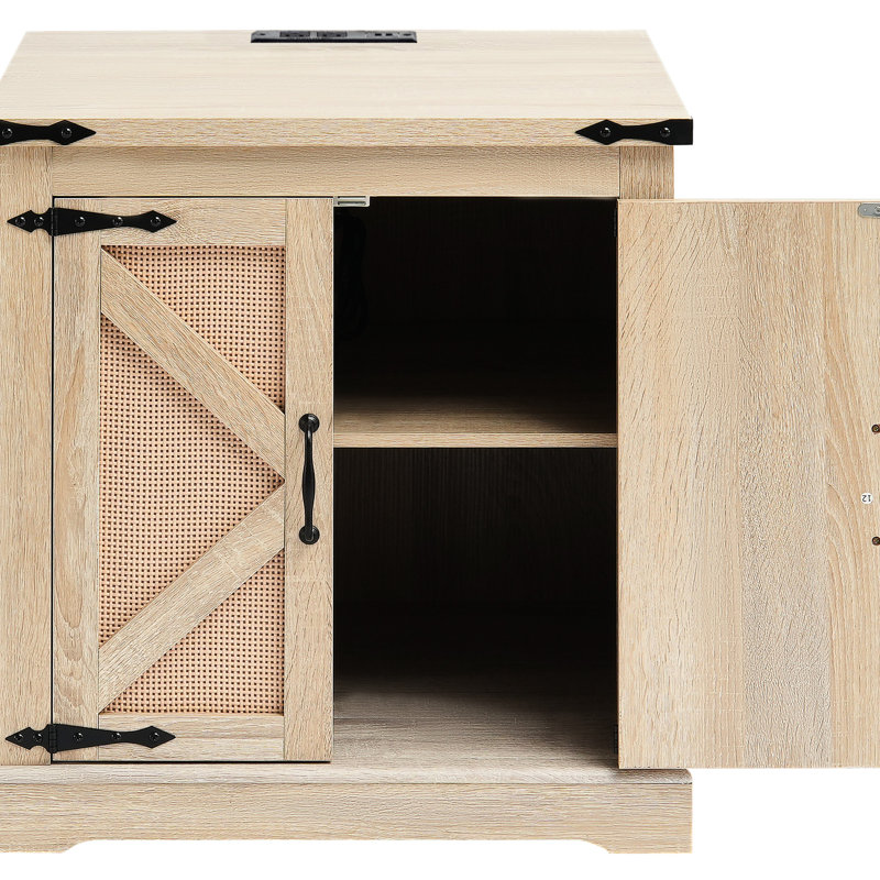 Table basse rectangulaire tissée en PE, prises de charge pratiques aux extrémités de 24 po, amplement de rangement pour les télécommandes, charnières en métal rétro, multiprise intégrée, accessoires pour cheveux