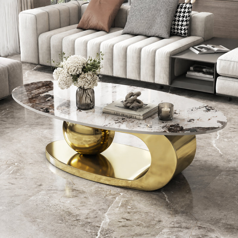 Table basse ovale en faux marbre de 125 cm (49,2 pouces) pour salon, table centrale moderne avec piètement en acier inoxydable pour la décoration intérieure