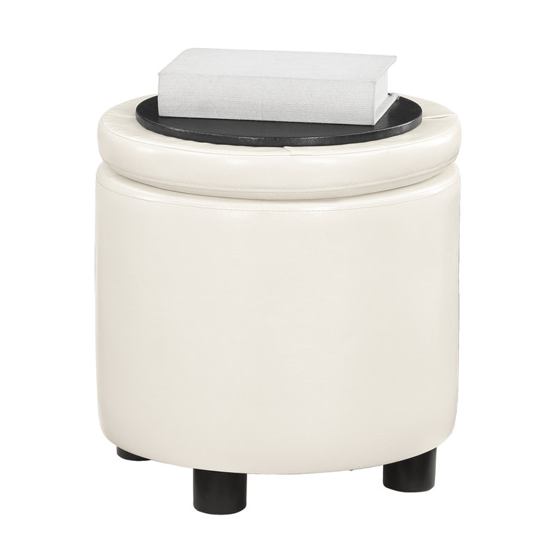 Ahl Arsy 15.75'' Wide Faux Leather Round Storage Ottoman with Reversible Tray Lid, Ivory Faux Leather