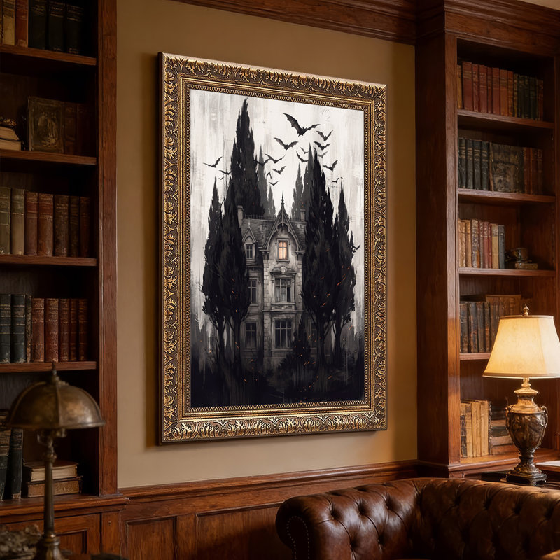 Art mural sur toile gothique avec chauves-souris volantes et cyprès, H 30 po x l 20 po
