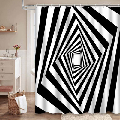 Squares Square Optical Vortex White Shower Curtain with 12 Hooks