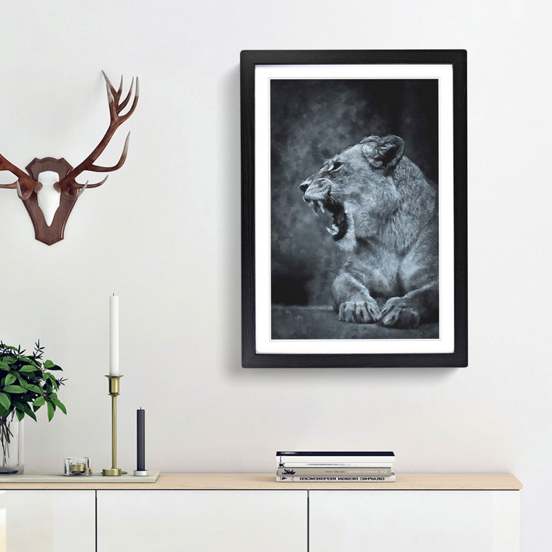 Fierce Lioness - Picture Frame Painting Print, 33cm H x 24cm W x 2cm D, Black Framed
