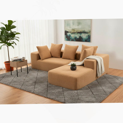 Canapé modulaire en mousse à compression complète, cinq grands coussins décoratifs moelleux, tissu en flanelle brune, conception en forme de L, taille 96,46 po x 72,83 po x 23,03 po - idéal pour les petits espaces et les salons: YKX-33002-Brun