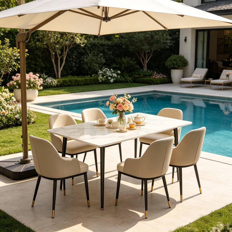 Funke Stone Top Metal Base Dining Table, Snow White