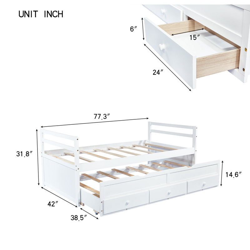 Lit simple avec lit gigogne et tiroirs de rangement, Blanc