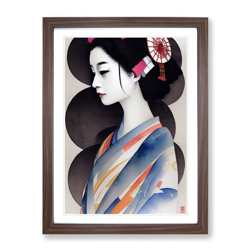Inspiring Geisha - Wrapped Canvas Painting, Walnut Framed, 64cm H x 46cm W x 2cm D