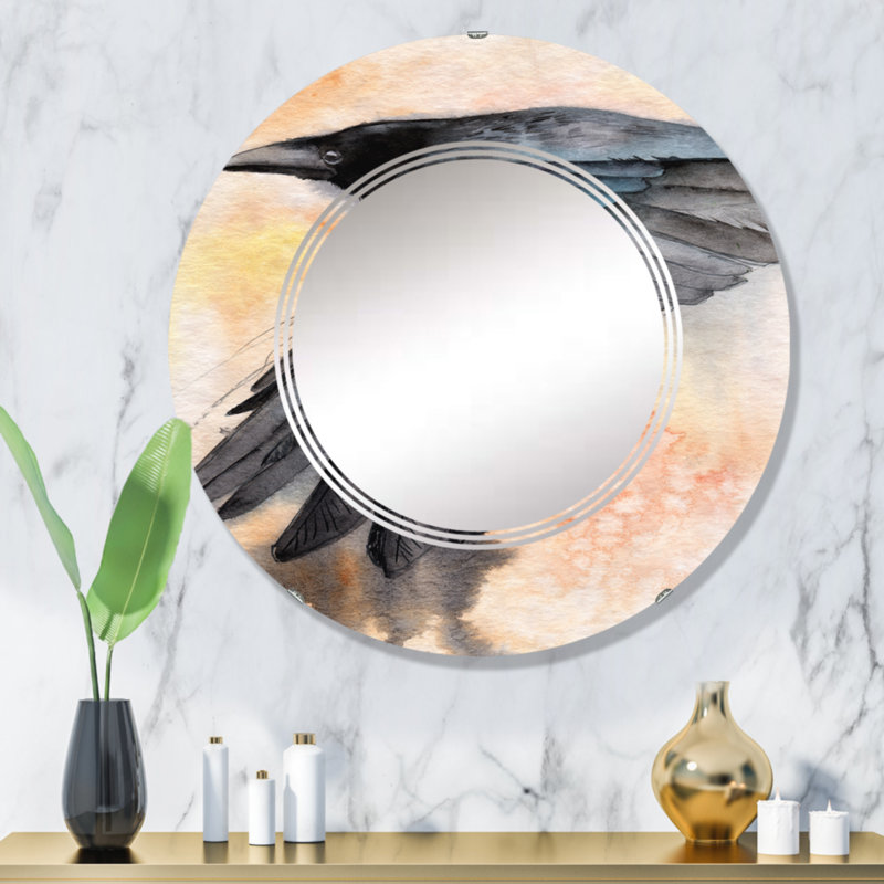 Corbeau noir déployant ses ailes - Miroir mural traditionnel rond, 32 po x 32 po