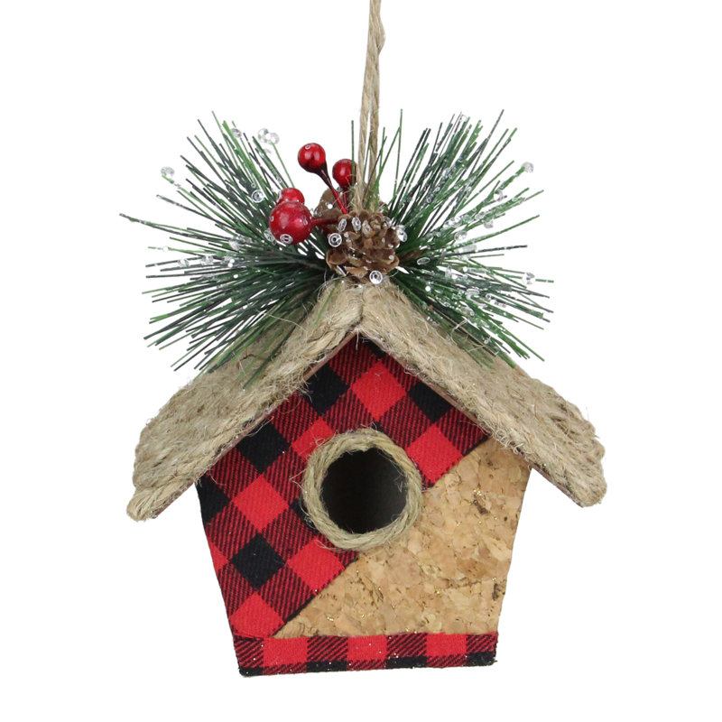 Rustic Red and Black Buffalo Plaid Birdhouse Ornament Set