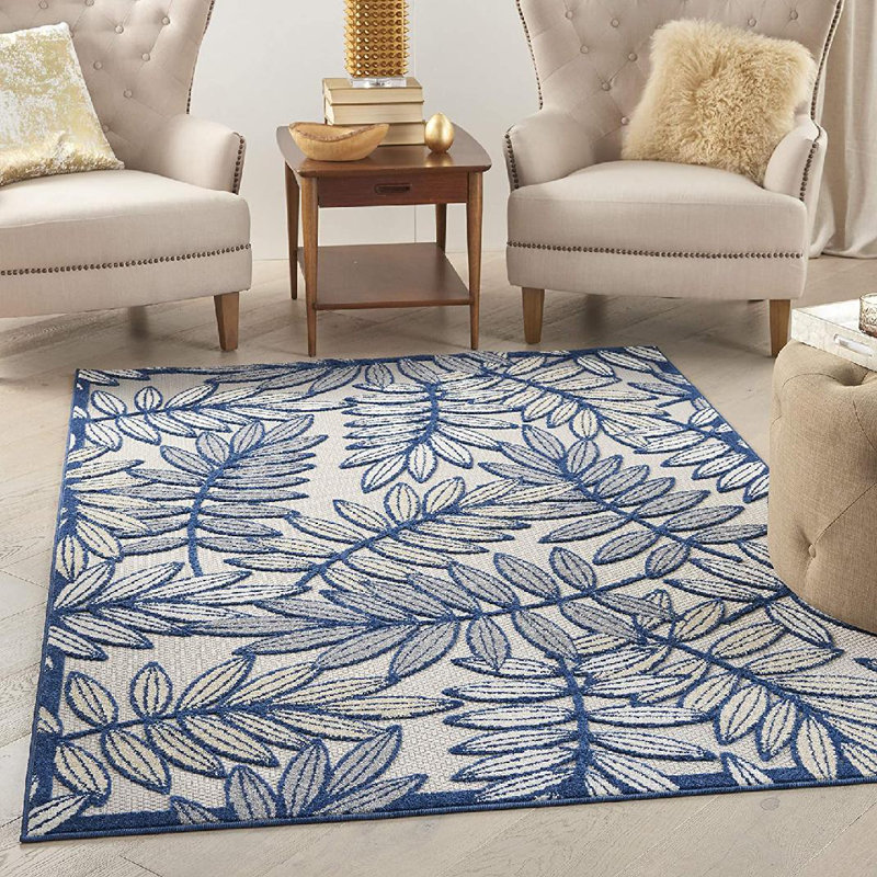 Adames Floral Navy Blue/Ivory Indoor / Outdoor Area Rug, Rectangle 5'3" x 7'5"
